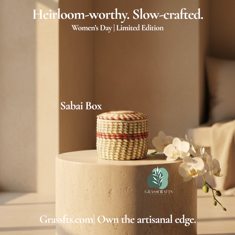 A woven sabai grass round box on a stone surface with 'Sabai Box' branding and Grassfits.com text.