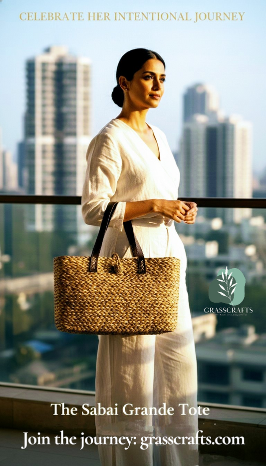 Woman holding a sabai grass woven tote bag with a cityscape background, featuring Grasscrafts branding.