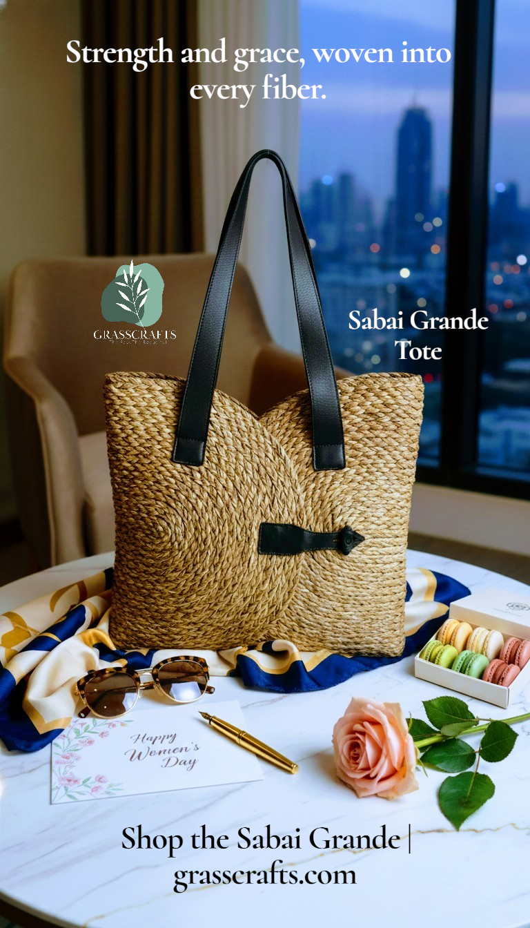 Woven sabai tote bag with black handles on a table with a cityscape in the background