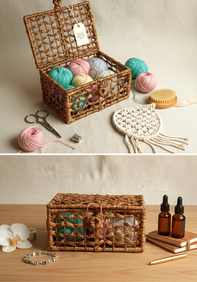 Water hyacinth basket with yarn and crafting tools on a beige background