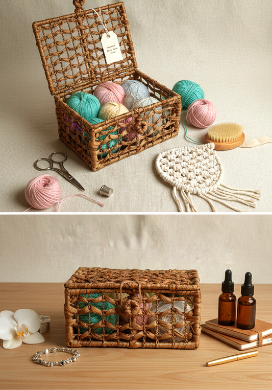 Water hyacinth basket with yarn and crafting tools on a beige background