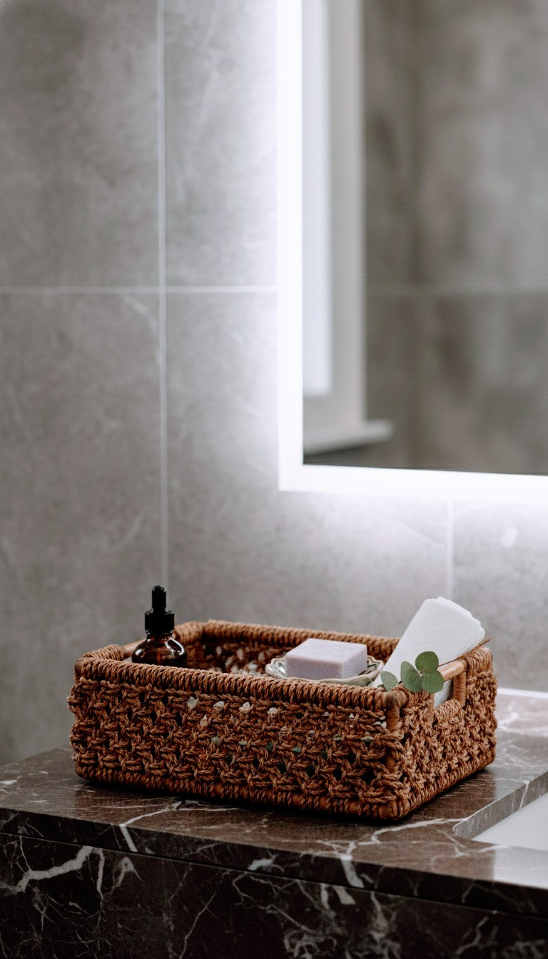 Hand Woven water hyacinth basket with items on a marble surface in a bathroom setting