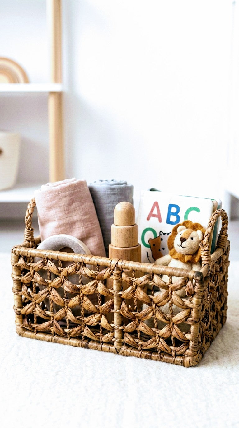 Hand Woven water hyacinth basket with baby items including a blanket, bottle, and toys on a white surface.
