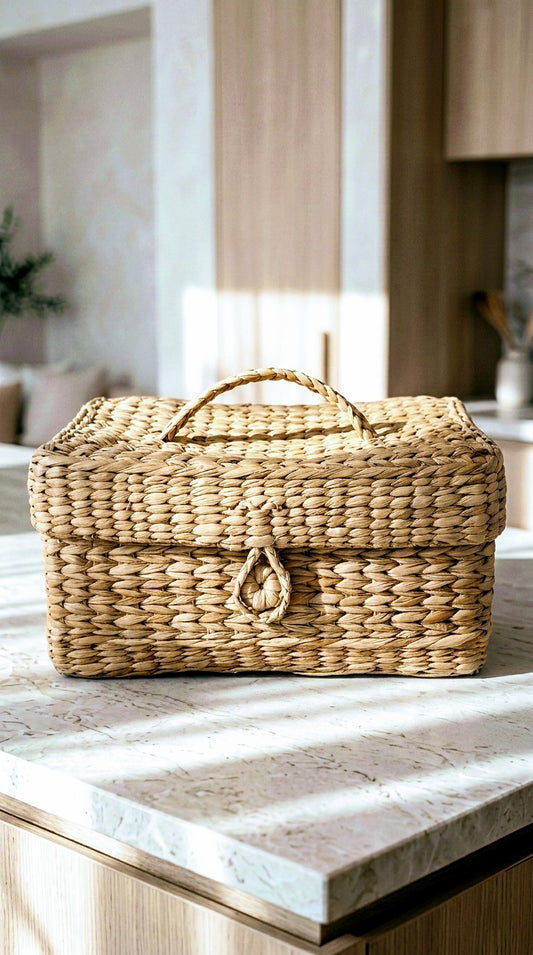 hand Woven kauna grass basket on a marble countertop in a kitchen setting