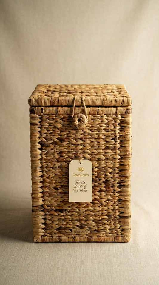 Hand Woven water hyacinth basket with a tag on a beige background