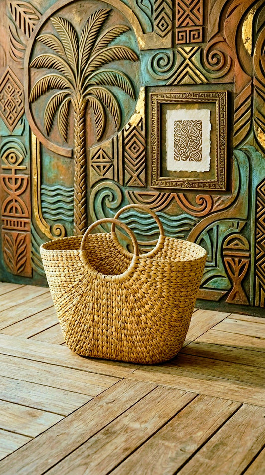 Hand woven kauna grass Bedside Sanctuary on a wooden floor with decorative wall art in the background