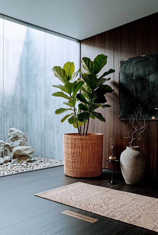 Modern interior with a hand woven kauna grass planter, potted plant, textured rug, and large window.