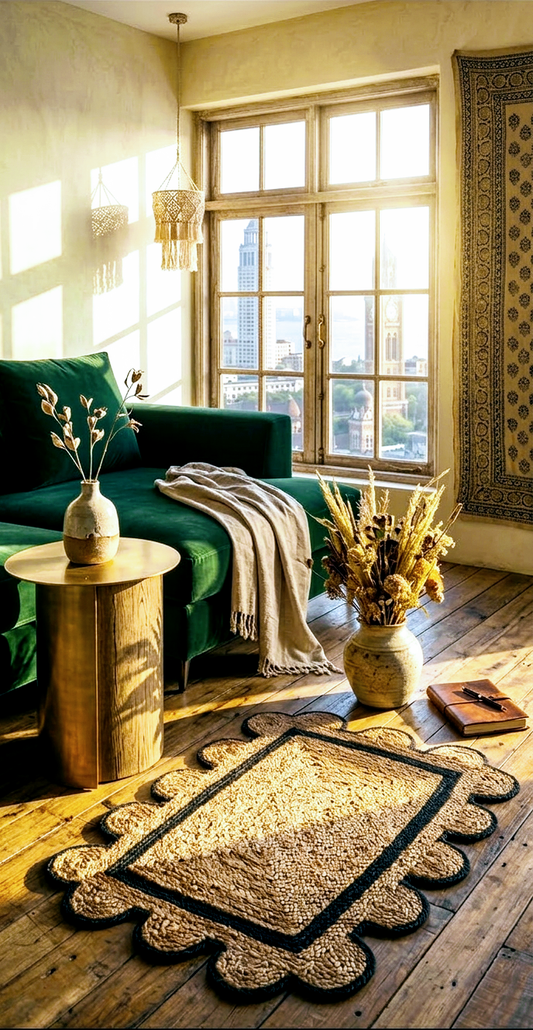 Living room with HAND WOVEN JUTE FLOOR CARPET, green sofa, wooden coffee table, and large window.