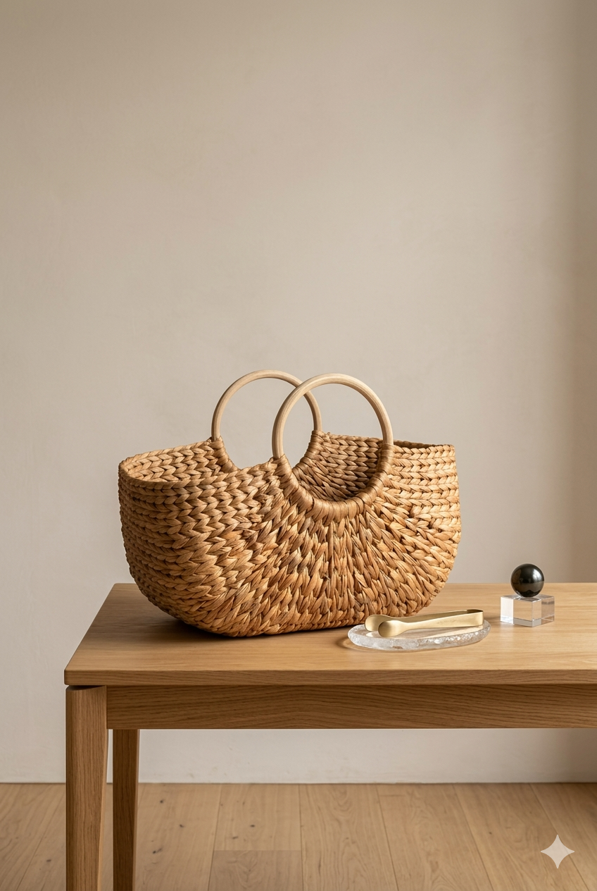 Woven water hyacinth basket on a wooden table with a neutral background