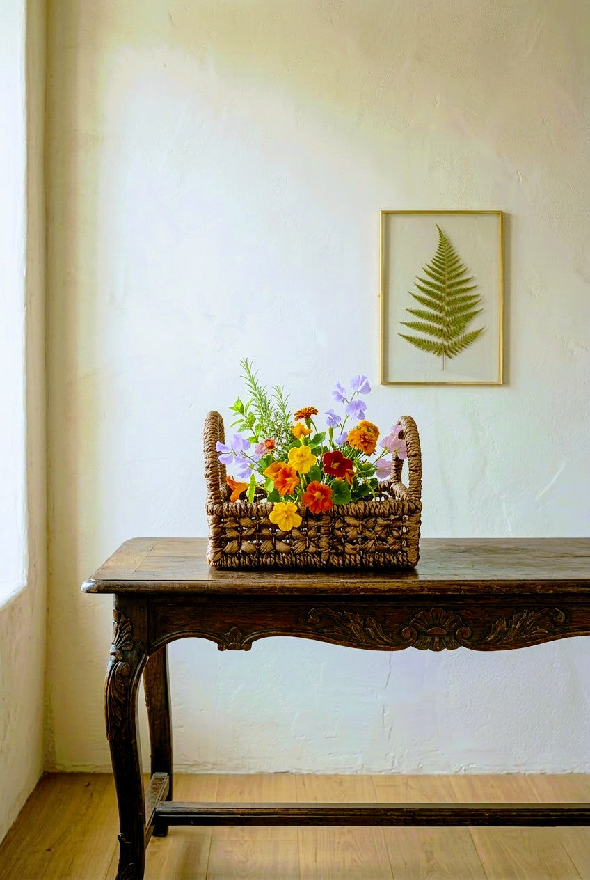 Handmade water hyacinth basket with handle with flowers on a wooden table against a white wall with a framed fern print.