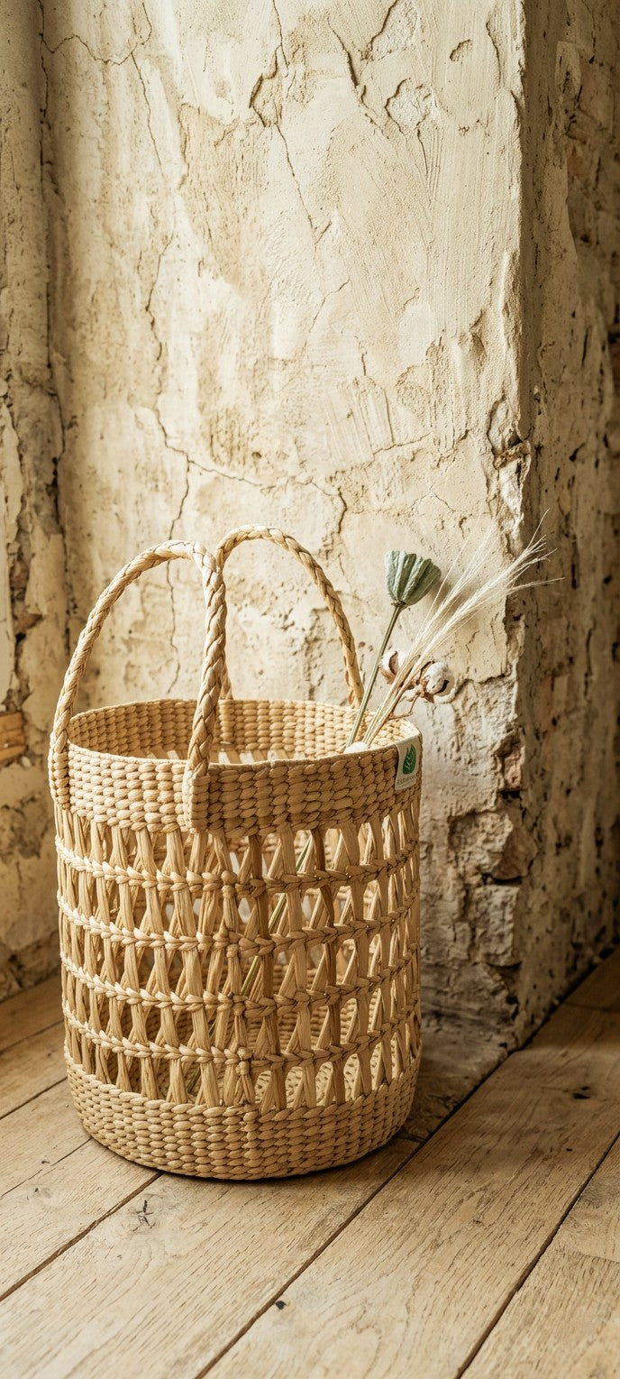 Handmade kauna grass basket with decorative patterns on a wooden floor against a stone wall.