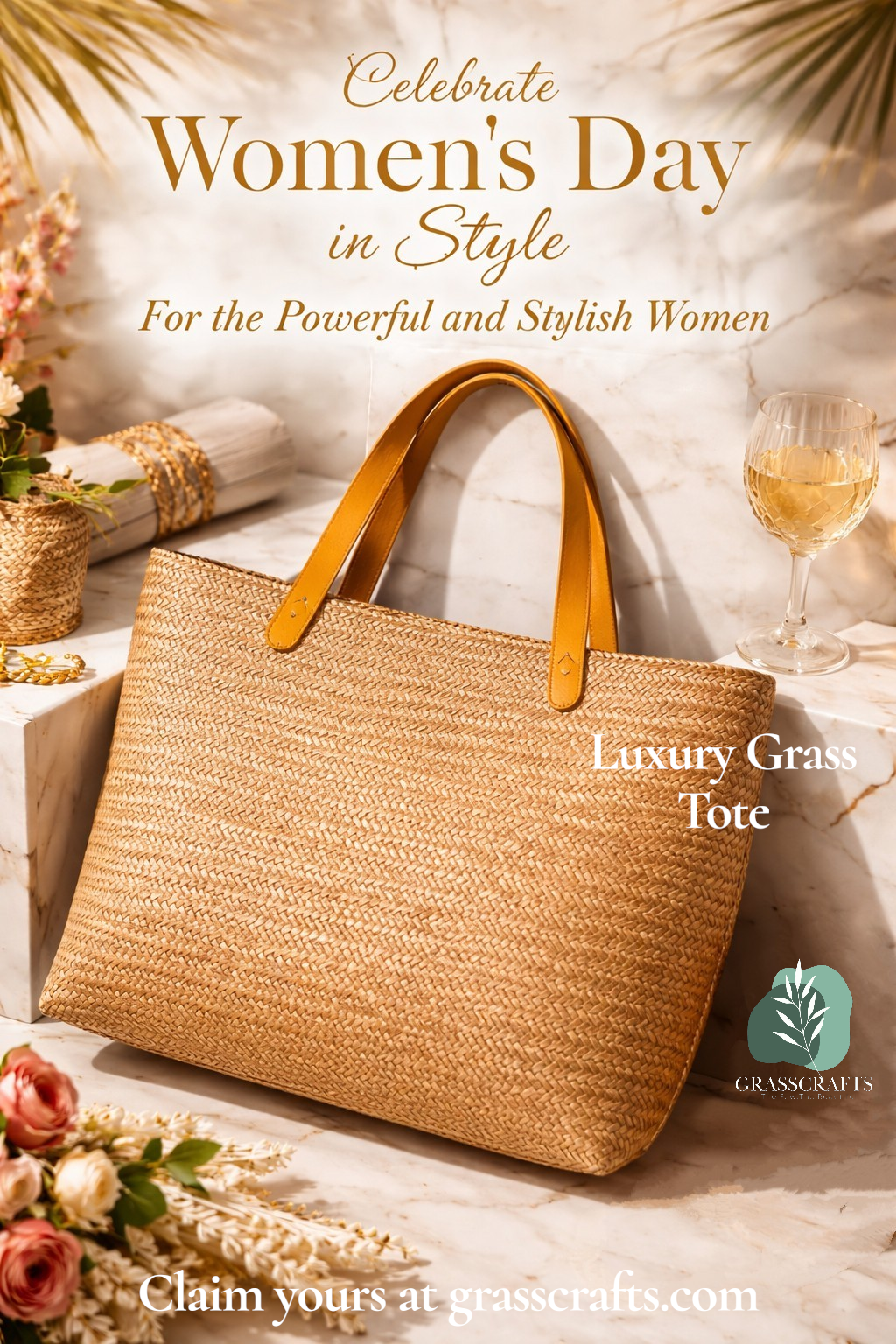 Woven sitalpati handbag or tote bag with flowers and a glass of wine on a decorative surface, promoting Women's Day celebration.
