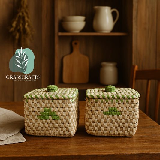 Small handwoven Sabai grass cube box used as jewellery and gift packaging