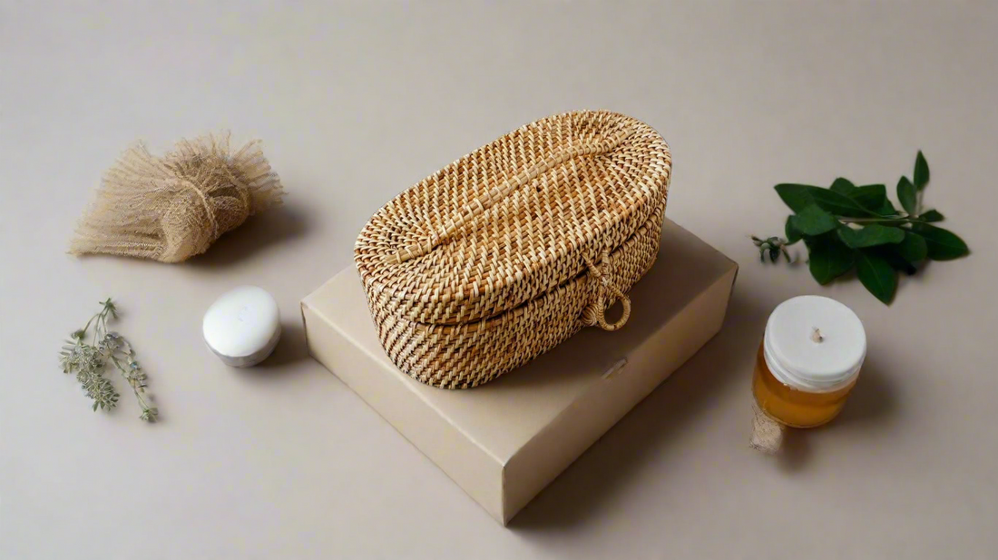 Handmade cane jewellery and tissue box in natural cane, 14 by 7 inches