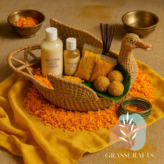 Round grass Haldi ceremony gift hamper basket, medium, handwoven by GrassCrafts artisans