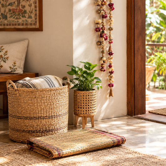 Sunlit home corner styled with a handwoven natural fibre basket, cane planter, woven mat and floral garland