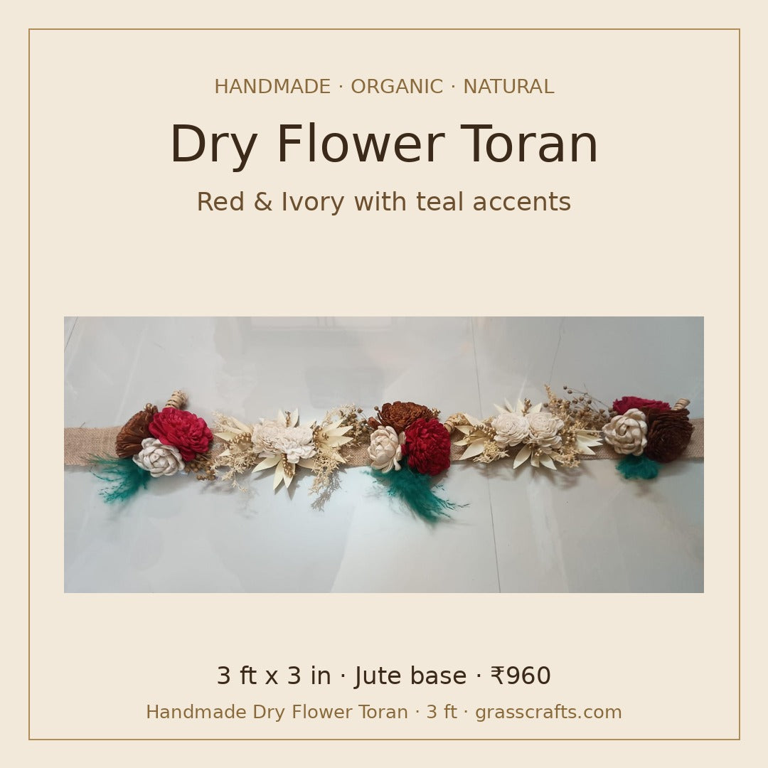 Red and ivory handmade dry flower toran with teal accents, 3 ft
