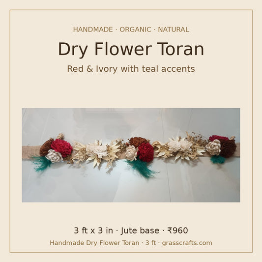Red and ivory handmade dry flower toran with teal accents, 3 ft