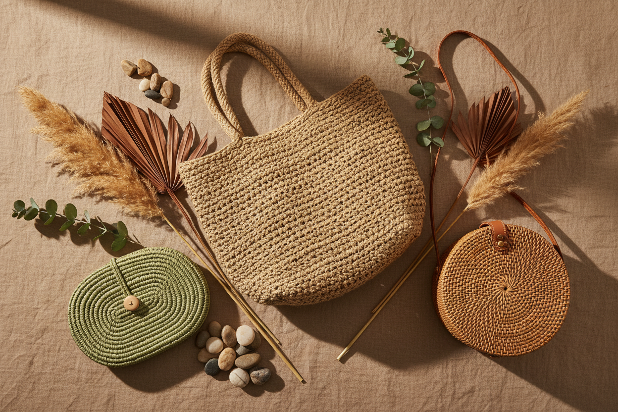 Handwoven natural tote bags and natural fibre clutches styled on linen, crafted by artisans in India — GrassCrafts Earth Edit Carry collection
