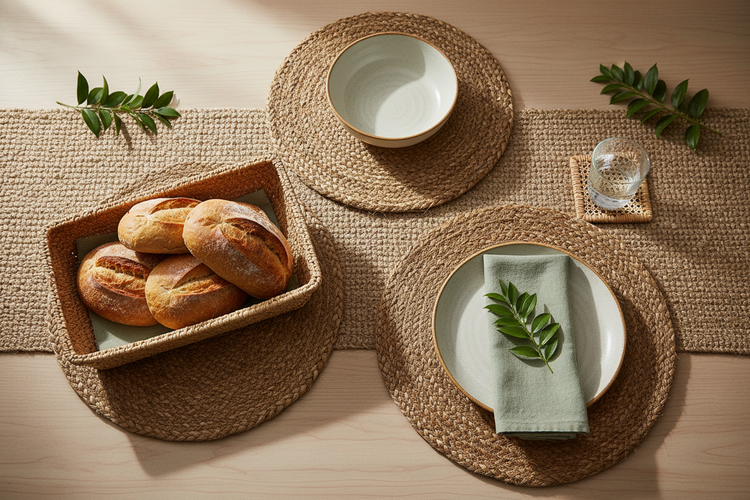 Handwoven natural fiber dining essentials — grass placemats, water hyacinth basket, jute table runner, and cane coasters styled on a minimal dining table