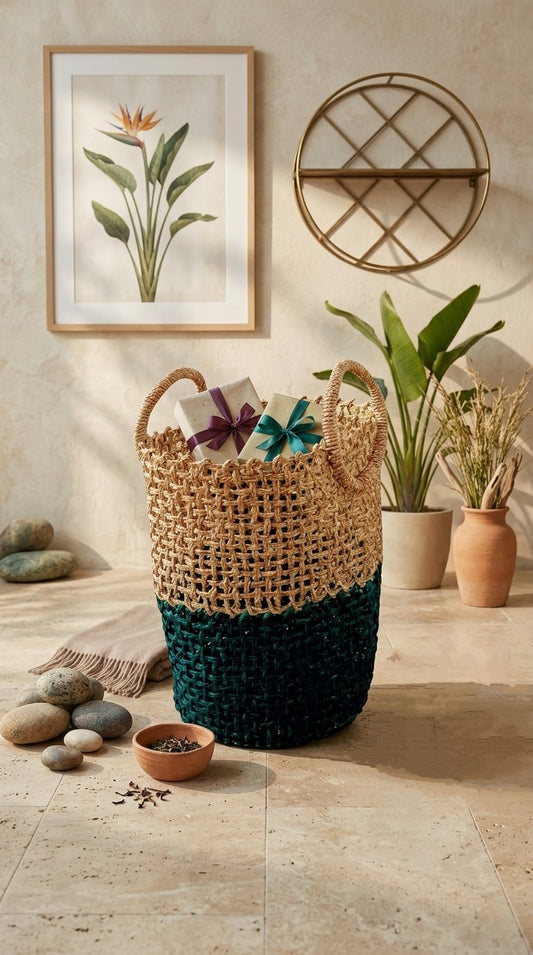 handmade sabai grass big basket with decorative items on a wooden floor, with a plant and framed artwork in the background.