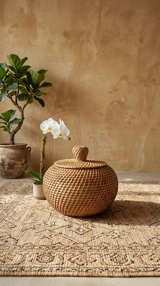 hand Woven cane storage box with a lid on a textured rug against a beige wall