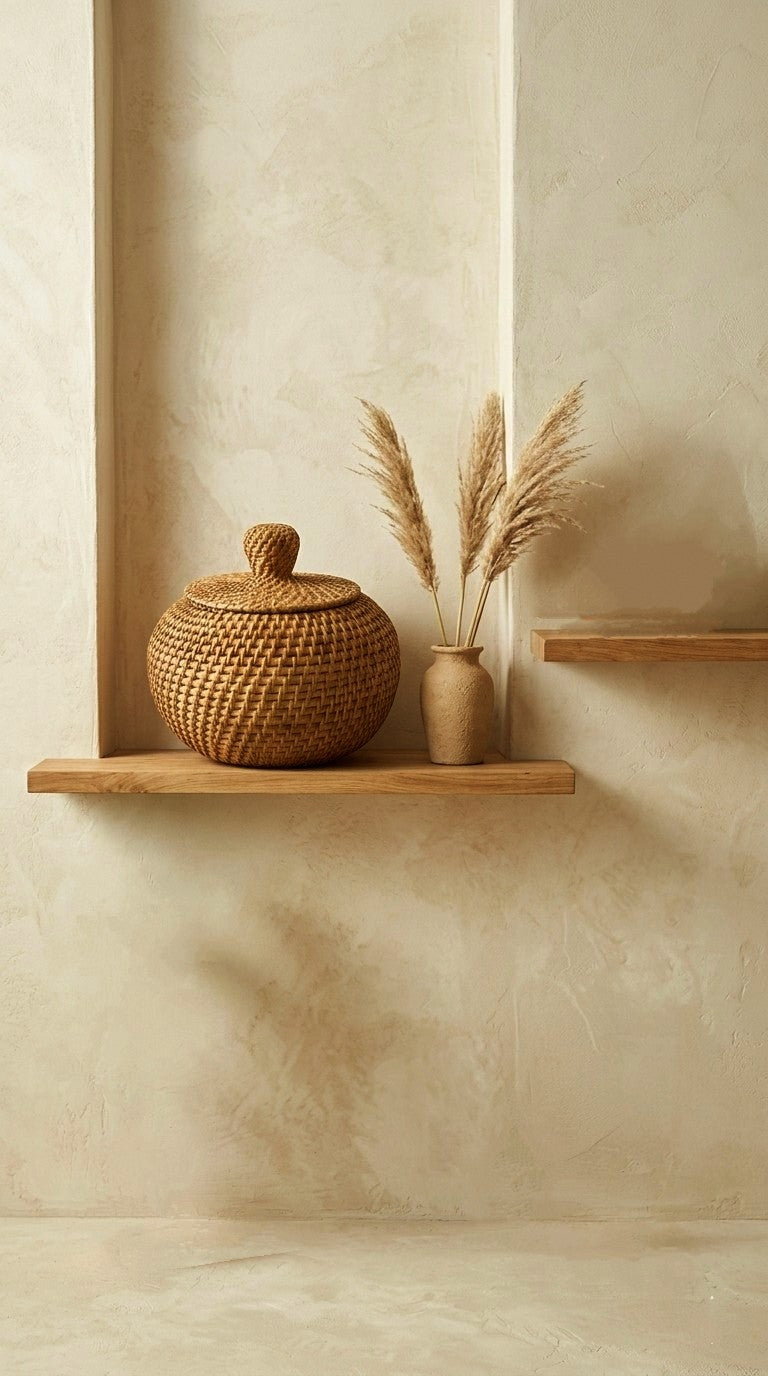 handmade cane storage organizer basket and vase on a wooden shelf against a beige wall