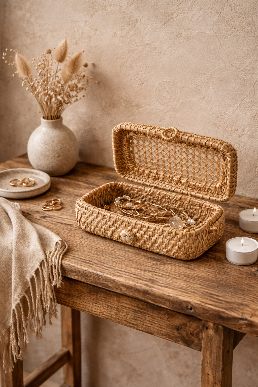Woven jewelry box on a wooden table with candles and dried flowers.