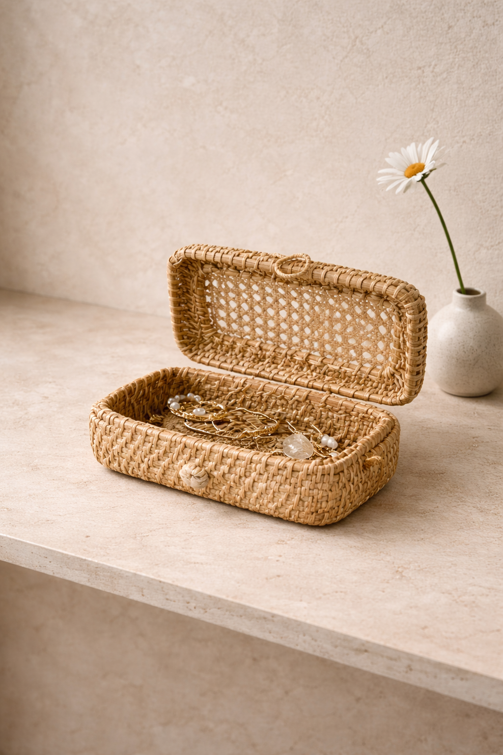 Woven jewelry box on a wooden surface with a vase and flower in the background