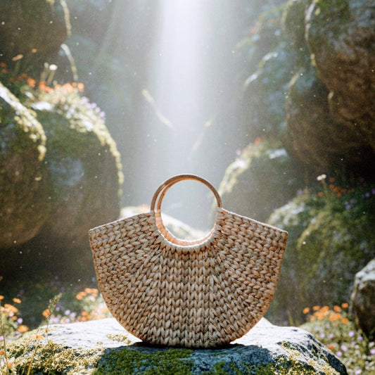 Woven KAUNA GRASS handbag with wooden handle on a rock in a natural setting