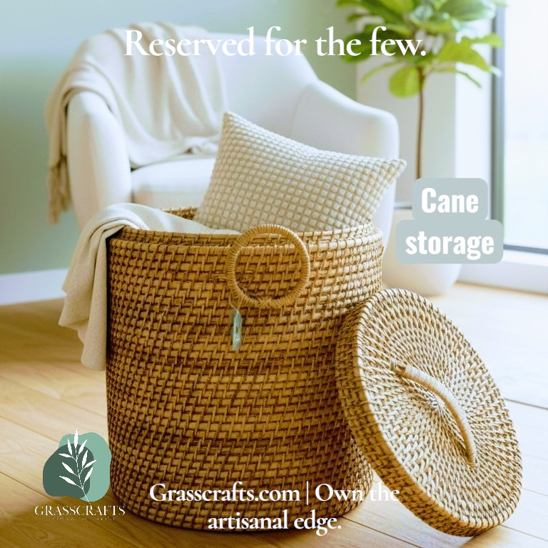 Woven cane storage basket with lid on a wooden floor, with text 'Reserved for the few' and 'Cane storage'.