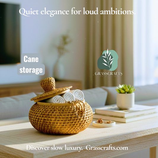 A woven round-shaped cane storage container on a table with a blurred background and Grasscrafts branding.