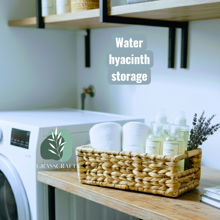 Water hyacinth basket with cleaning supplies on a laundry room counter,