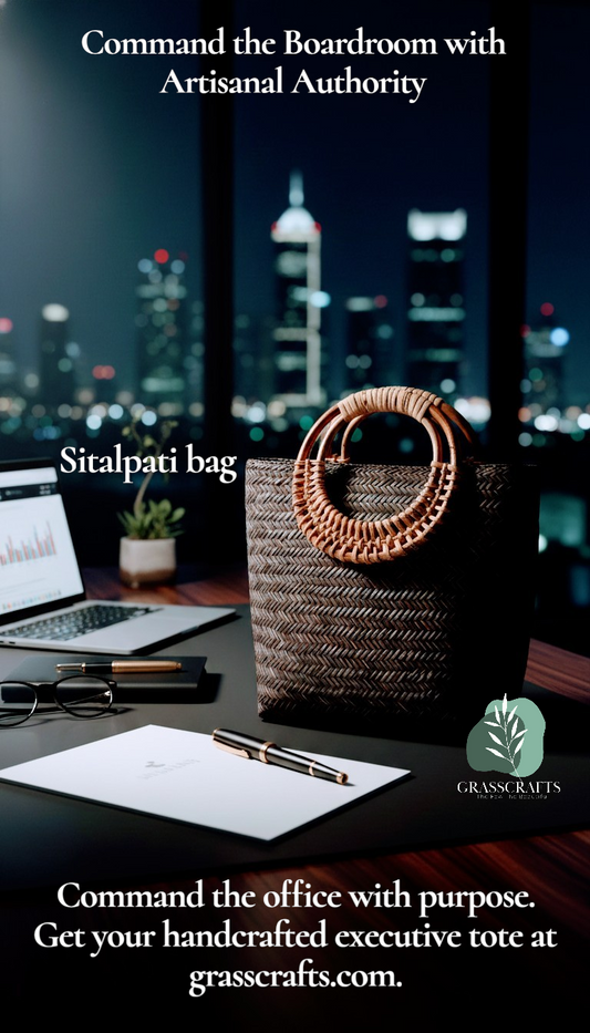 Woven grass bag on a desk with a cityscape background, promoting Grasscrafts brand.