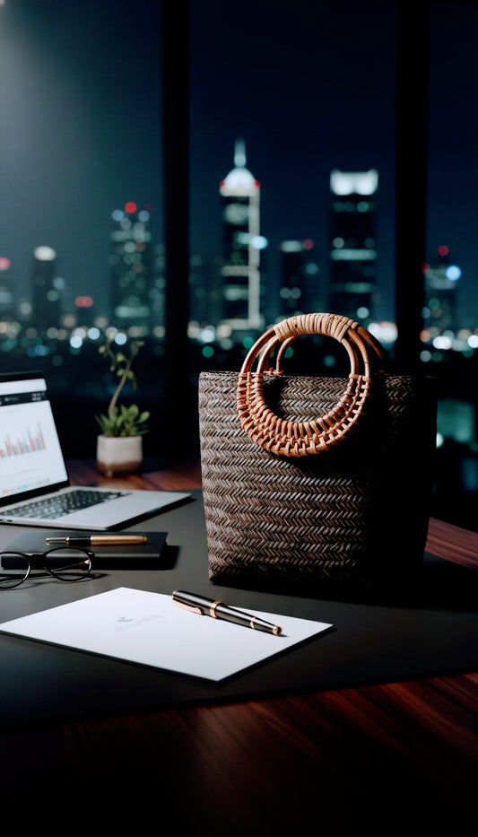 hand Woven sitalpati handbag on a desk with a cityscape at night in the background