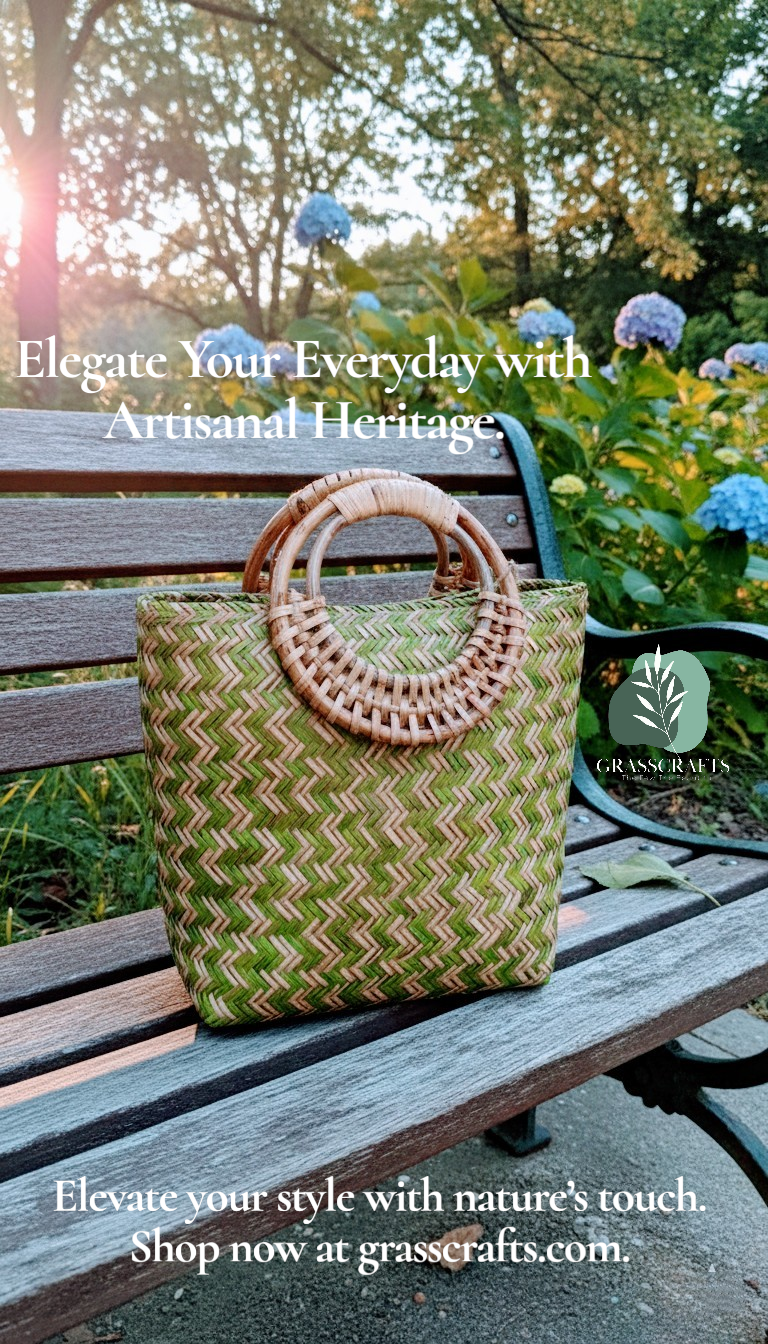 Green woven sitalpati grass bag with wicker handles on a wooden bench in a garden setting, with promotional text overlay.