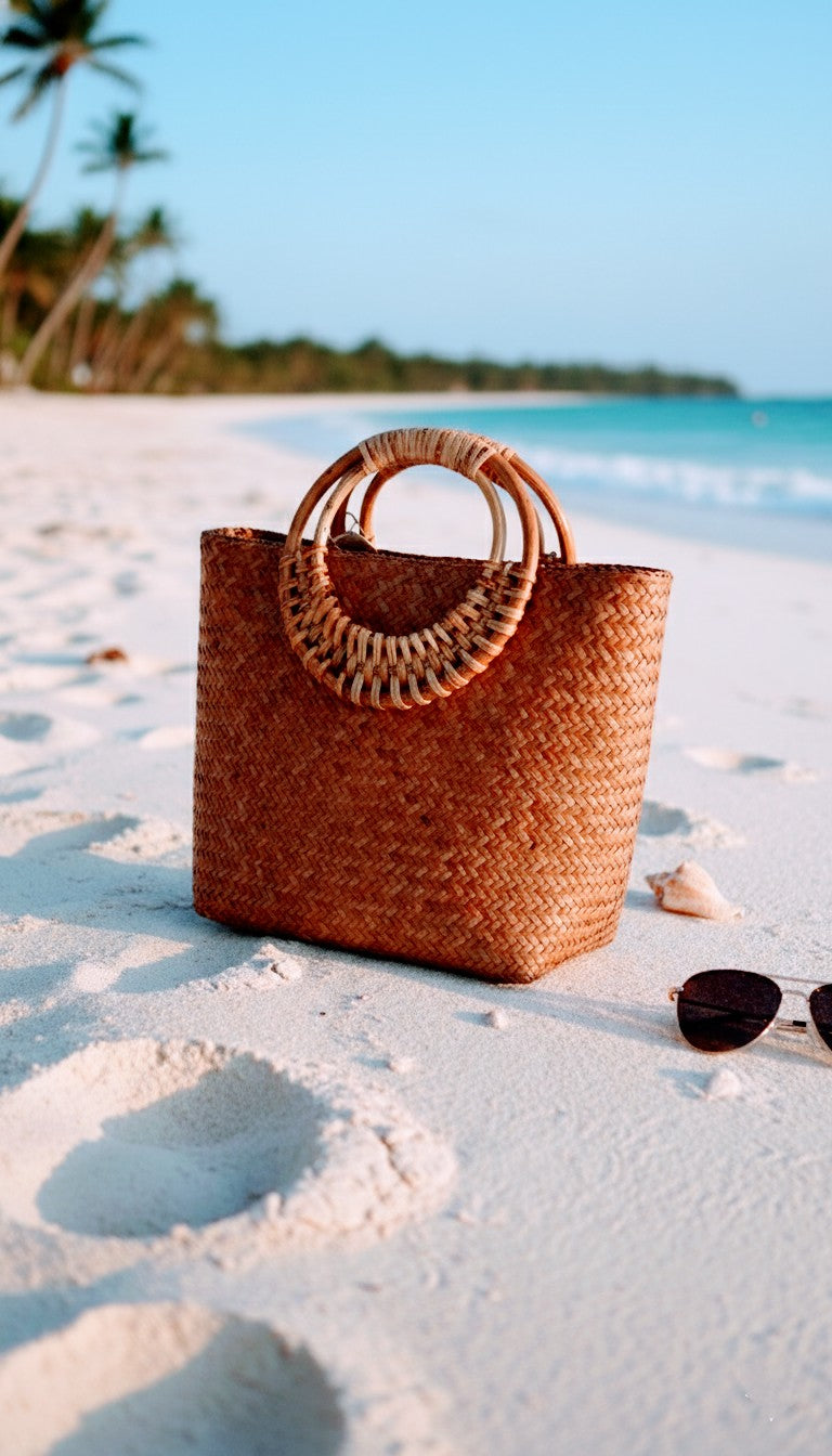 Woven sitalpati beach bag on a sandy beach with ocean view 