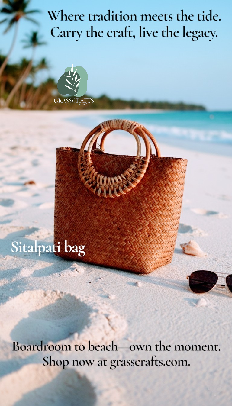 Woven sitalpati bag on a sandy beach with ocean view and promotional text.
