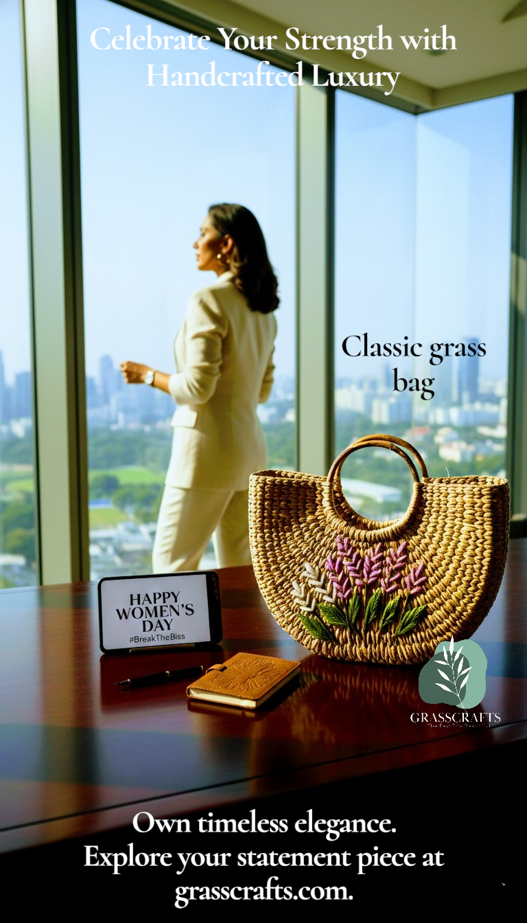 Woman standing by a window with a woven kauna grass bag on a table, promoting Grasscrafts brand.