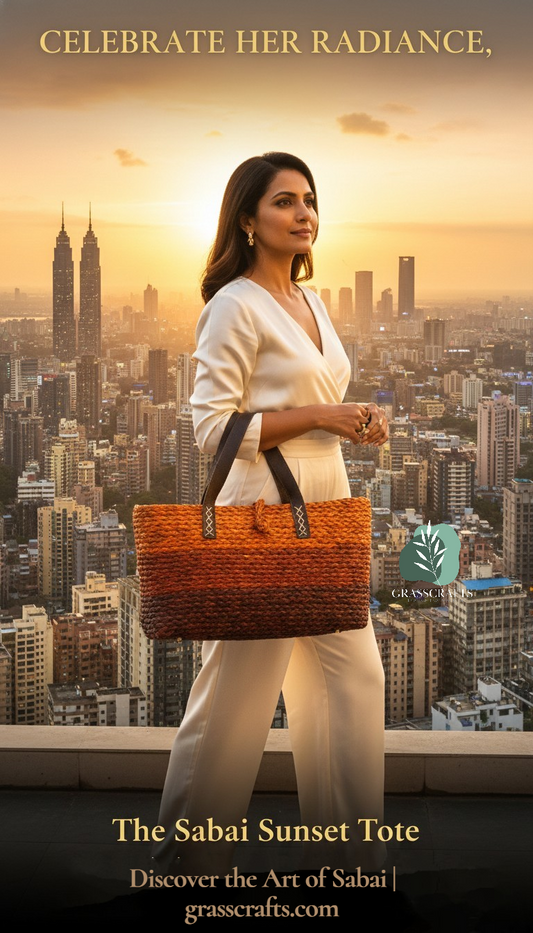 Woman holding a woven sabai grass tote bag with a cityscape background, featuring the Sabai Sunset Tote product.