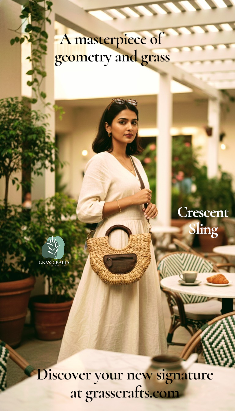 Woman holding a woven Crescent Sling bag in an outdoor setting with text about 'Crescent Sling' and 'GrassCrafts'.