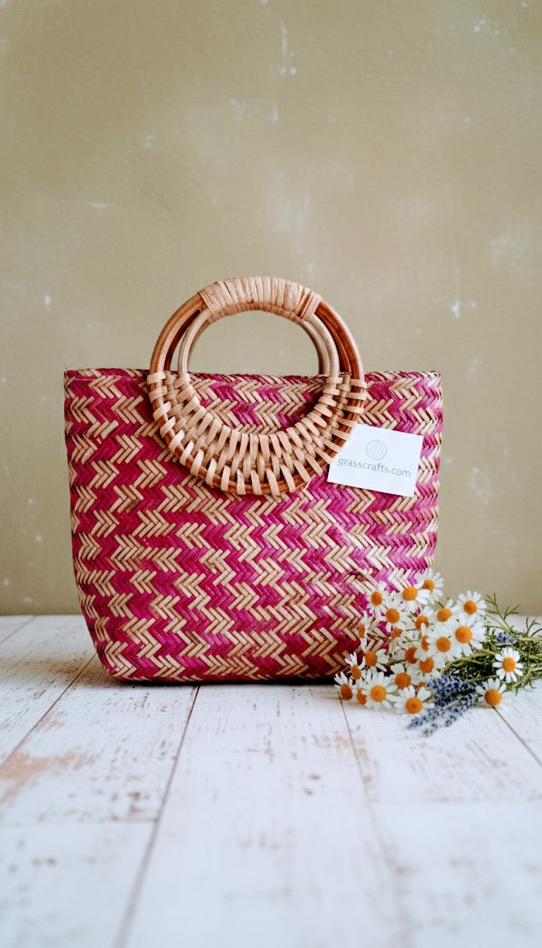 Pink woven handbag with wooden handles on a light wooden surface with flowers. This is a sitalpati handbag