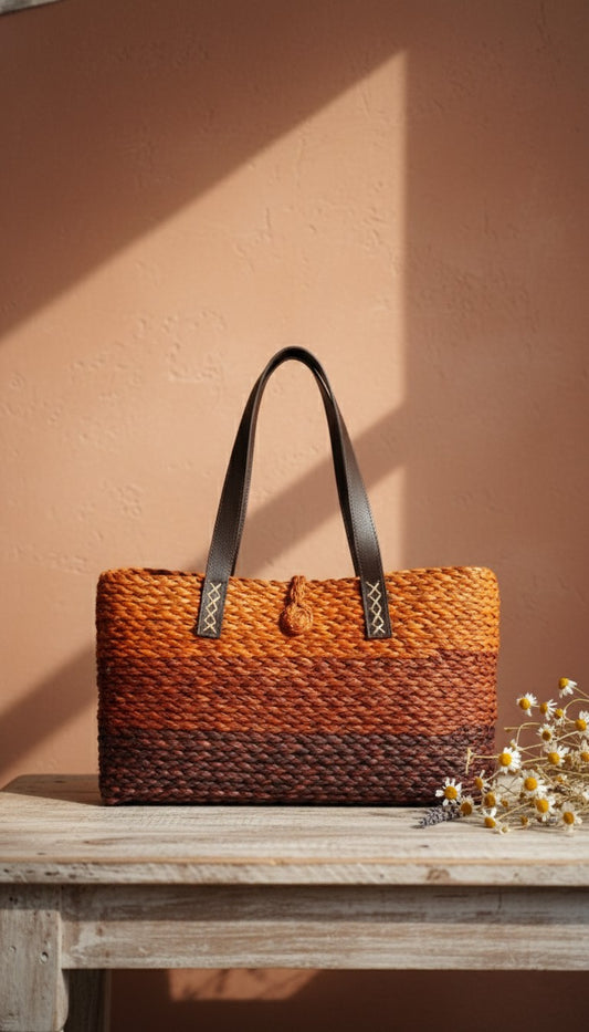 Woven handbag with brown and orange pattern on a wooden surface against a beige wall. This is a sabai grass bag.