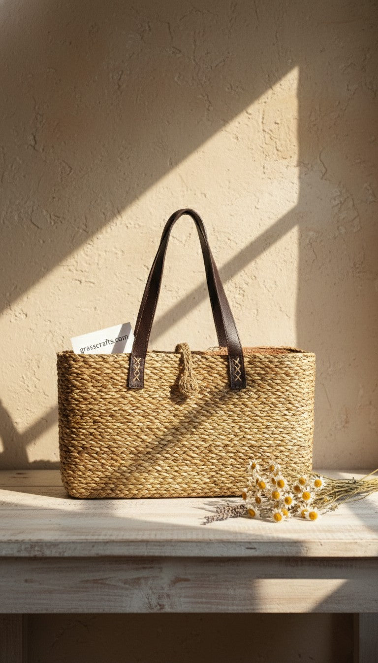 Woven handbag with leather handles on a wooden surface against a beige wall. This is a sabai grass handbag