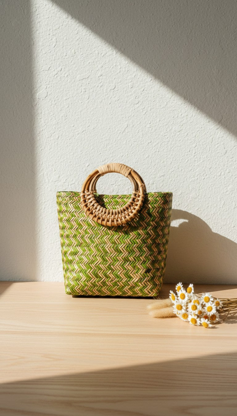 Green woven grass handbag with a wicker handle on a wooden surface with a white wall background