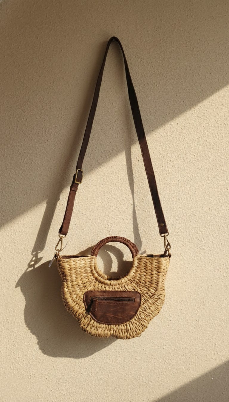 Woven handbag with leather accents on a beige background. Sustainable fashion accessories. A crossbody bag, 