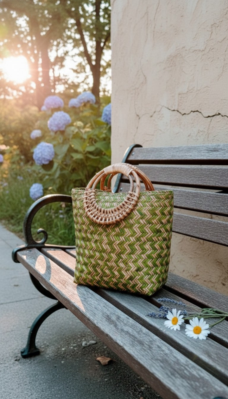 Woven green bag on a bench with flowers in the background. Eco-friendly and handmade.