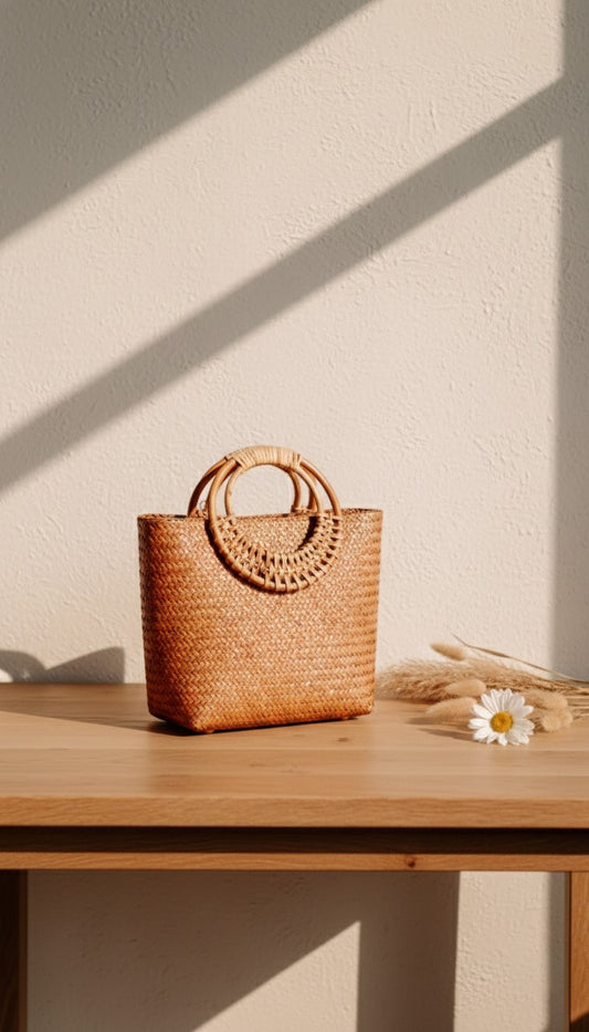 Woven handbag on a wooden table with a light background. Handmade and Indian artisan made, sitalpati bag