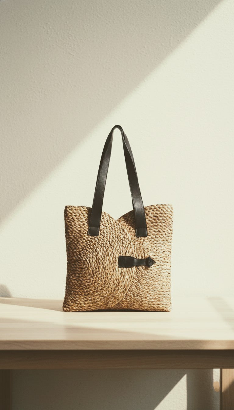 Woven handbag with black handle on a light wooden surface. Indian artisan made Sabai grass laptop bag. Sustainable fashion accessories.