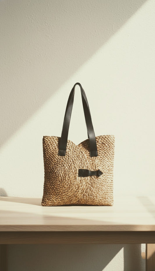 Woven handbag with black handle on a light wooden surface. Indian artisan made Sabai grass laptop bag. Sustainable fashion accessories.